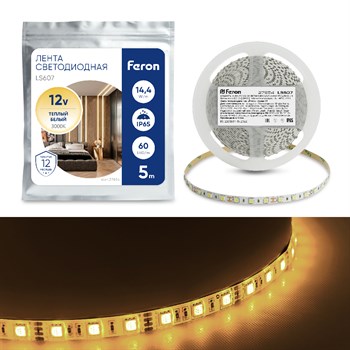 Cветодиодная LED лента Feron LS607, 60SMD(5050)/м 14.4Вт/м  5м IP65 12V 3000К - фото 129556