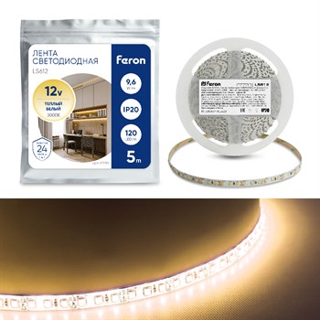 Cветодиодная LED лента Feron LS612, 120SMD(2835)/м 9.6Вт/м  5м IP20 12V 3000К - фото 129661