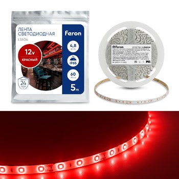Cветодиодная LED лента Feron LS604, 60SMD(2835)/м 4.8Вт/м  5м IP65 12V красный - фото 129730