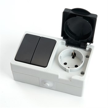 Блок: розетка 1-местная с/з + выключатель 2-клавишный STEKKER, PST16-11-54/10-121-54, серый/графит - фото 132405