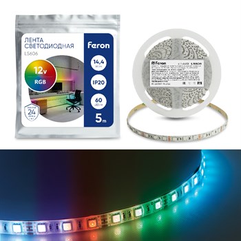 Cветодиодная LED лента Feron LS606, 60SMD(5050)/м 14,4Вт/м 5м IP20 12V RGB - фото 134126