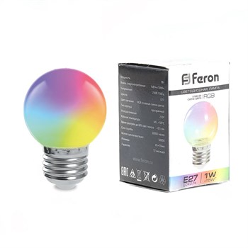 Лампа светодиодная Feron LB-37 Шарик матовый E27 1W 230V RGB быстрая смена цвета - фото 134164