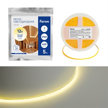 Светодиодная COB лента Feron LS630, 400SMD(2110)/ 7Вт/м 12V 5000*3*1.8мм 3000K, IP20 - фото 157334