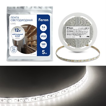 Светодиодная LED лента Feron LS612, 120SMD(2835)/m 9.6W/m 12V 5m 4000К - фото 157473