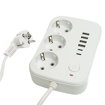 Удлинитель 3-местный c/з 3x1 мм2, 3 м, 250В, 10А, 4USB+2Type-C 2,4А, серия Home plus, белый STEKKER HM09-36-02 - фото 164941