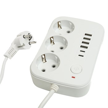 Удлинитель 3-местный c/з 3x1 мм2, 1,8 м, 250В, 10А, 4USB+2Type-C 2,4А, серия Home plus, белый STEKKER HM09-36-02 - фото 164961