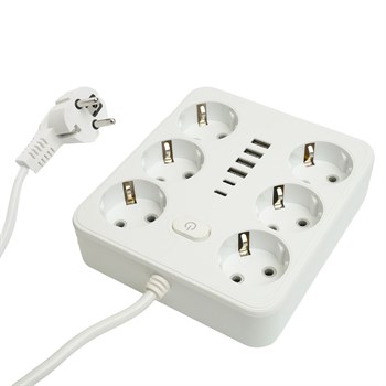 Удлинитель 6-местный c/з 3x1 мм2, 3 м, 250В, 10А, 4USB+2Type-C 2,4А, серия Home plus, белый STEKKER HM09-66-02 - фото 164993