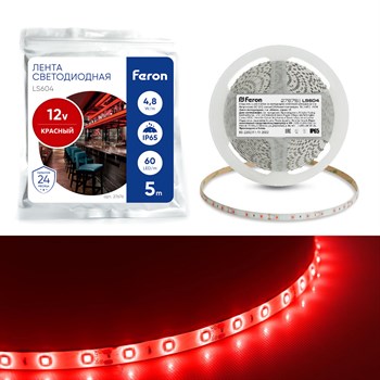 Светодиодная LED лента Feron LS604, 60SMD(2835)/m 4.8W/m 12V IP65 5m красный - фото 165530