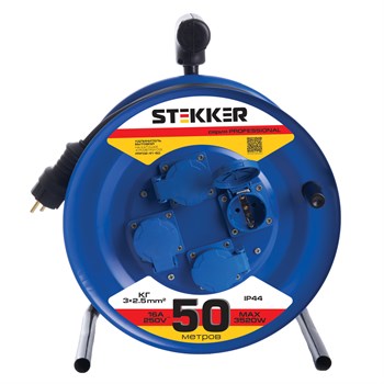 Удлинитель на металлической катушке 4-местный с/з Stekker, PRF02-41-50, 50м, 3*2,5, серия Professional, синий - фото 165602