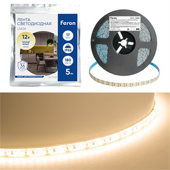 Светодиодная Светодиодная LED лента Feron LS626, 180SMD(2835)/m 17W/m 12V 5000*10*1,22мм 3000К IP65 51638 - фото 168159