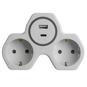 Разветвитель сетевой 2-местный с/з STEKKER ADP16-15-20, 250V, 16A и USB+Type C на 2.4А, белый/серый 50071 - фото 169485