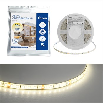 Светодиодная LED лента Feron LS511, 120SMD(2835)/м 11Вт/м 24V 5000*8*1.22мм 3000К IP65 51634 - фото 169617