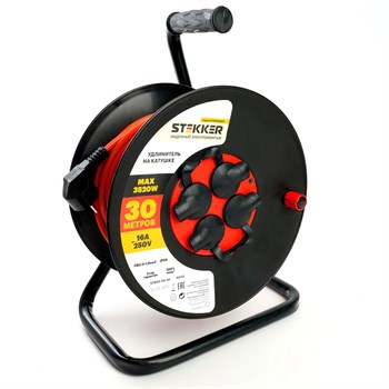 Удлинитель на катушке Stekker STD03-44-30 Standart 4-местный с/з ПВС 3*1,5, оранжевый, 16А, IP44, 30м (80102) 50172 - фото 171347