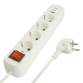 Удлинитель 4-местный с/з с выключ. STEKKER HM071-41-03 3x1мм2, 3м, 250В, 16А, 1USB+2C, 2.4A, сер Home, белый 50140 - фото 172423