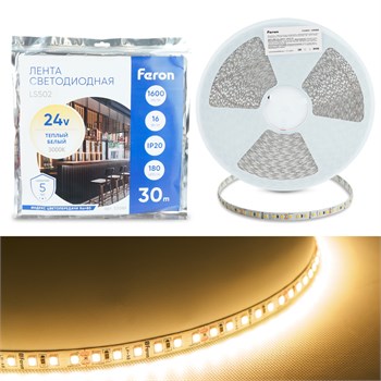 Светодиодная LED лента Feron LS502, 180SMD(2835)/м 16Вт/м 24V 30000*10*1.22мм 3000К 30м IP20 53089 - фото 174896