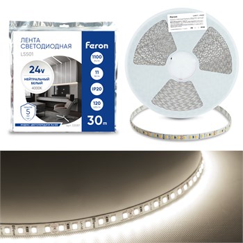 Светодиодная LED лента Feron LS501, 120SMD(2835)/м 11Вт/м 24V 30000*8*1.22мм 4000К 30м IP20 53087 - фото 174906