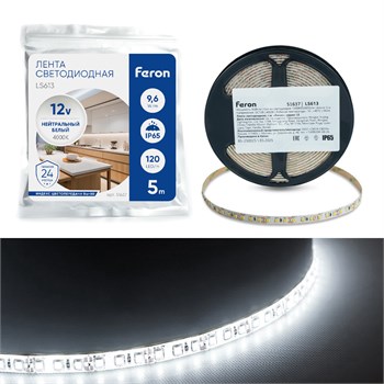 Светодиодная LED лента Feron LS613, 120SMD(2835)/m 9.6W/m 12V 5m 4000К 51637 - фото 176633