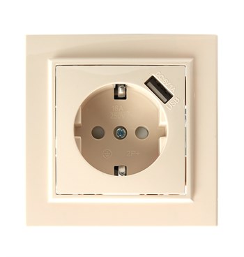 Розетка 1-местная с/з, STEKKER, PST16-9011-02 250В, 16А с защитной шторкой и с USB, серия Эрна, слоновая кость 39237 - фото 178356