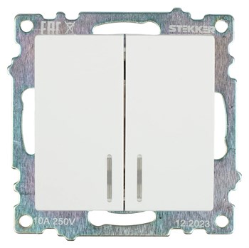 Выключатель 2-клавишный c индикатором (механизм), STEKKER GLS10-7102-01, 250В, 10А, серия Катрин, белый 39301 - фото 178700