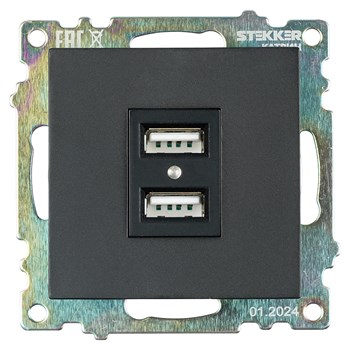 Розетка USB 2-местная (механизм), STEKKER GLS10-7115-05, 250B, 2,1А, серия Катрин, черный 39616 - фото 179115
