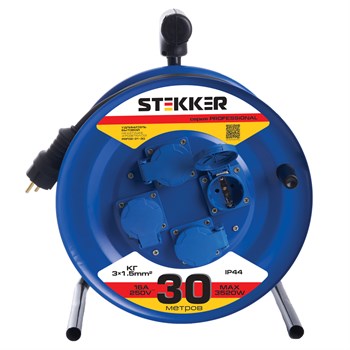 Удлинитель на металлической катушке с/з 4-местный Stekker, PRF02-31-30, 30м, 3*1,5, серия Professional, синий 39786 - фото 180113