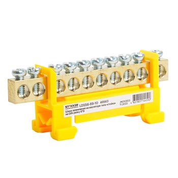Шина "PE" на изоляторе STEKKER 6*9 тип "стойка" на DIN-рейку 10 выводов, желтый, LD556-69-10 49563 - фото 182953