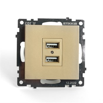 Розетка 2-местная USB (механизм), STEKKER, GLS10-7115-08, 250В, 2,1А, серия Катрин, золото 49229 - фото 183525