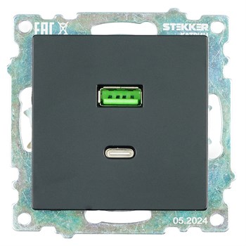 Розетка 2-местная USB + type C (механизм), STEKKER GLS10-7116-05, 250B, 3А, серия Катрин, черный 50055 - фото 184864