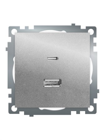 Розетка 2-местная USB + type C (механизм)), STEKKER GLS10-7116-03 , 250B, 3А, max 20W, серия Катрин, серебро 50054 - фото 184871