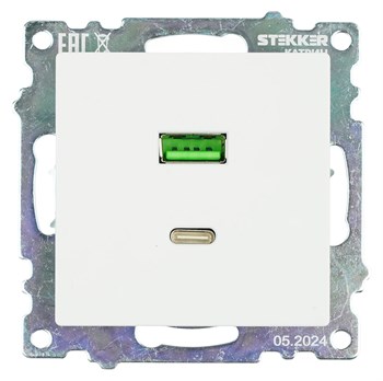 Розетка USB 2-местная + type C (механизм), STEKKER GLS10-7116-01, 250В, 3А, max 20W, серия Катрин, белый 50051 - фото 184903