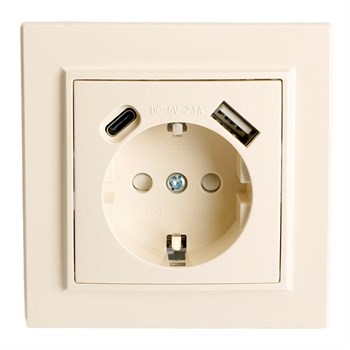 Розетка 1-местная с/з STEKKER, PST16-9016-02, 250В, 16А с USB+ type C, серия Эрна, слоновая кость 50077 - фото 185603