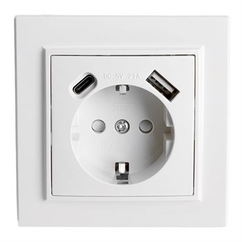 Розетка 1-местная STEKKER, PST16-9016-01, 250В, 2.1А с USB+ type C, серия Эрна, белый 50076 - фото 185613