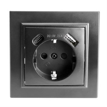 Розетка 1-местная с/з STEKKER, PST16-9016-03, 250В, 16А с USB+ type C, серия Эрна, черный 50078 - фото 185623
