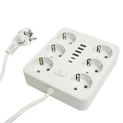 Удлинитель 6-местный c/з 3x1 мм2, 1,8 м, 250В, 10А, 4USB+2Type-C 2,4А, серия Home plus, белый STEKKER HM09-66-02