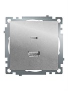 Розетка 2-местная USB + type C (механизм)), STEKKER GLS10-7116-03 , 250B, 3А, max 20W, серия Катрин, серебро 50054