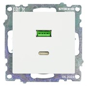 Розетка USB 2-местная + type C (механизм), STEKKER GLS10-7116-01, 250В, 3А, max 20W, серия Катрин, белый 50051